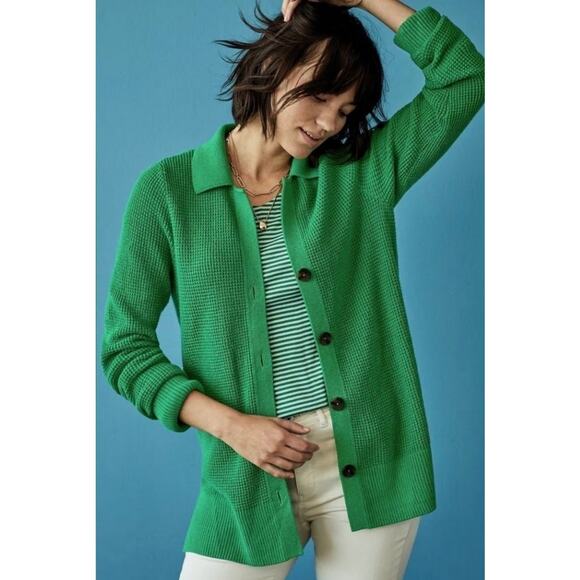 J. Jill Waffle Knit Collared Button Up Cardigan Sweater Green Size L Tall Long - Picture 3 of 14